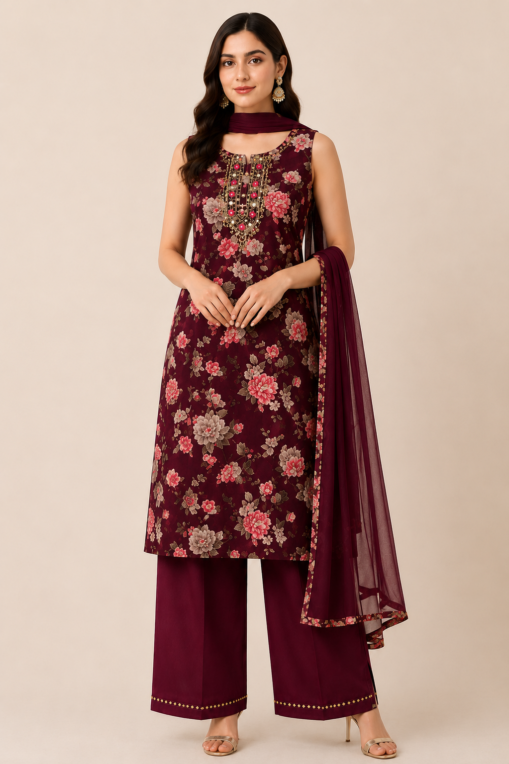 Wine Floral Palazzo Suit