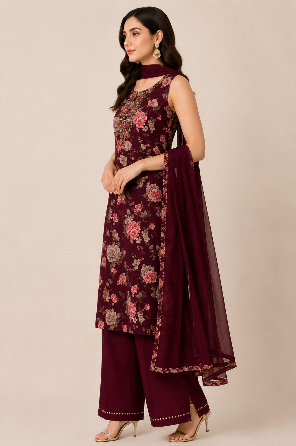Wine Floral Palazzo Suit