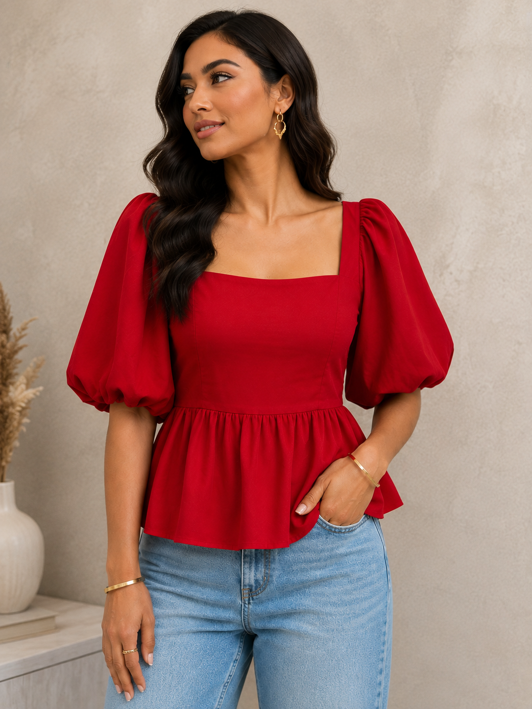 Ruby Red Puff-Sleeve Peplum Top