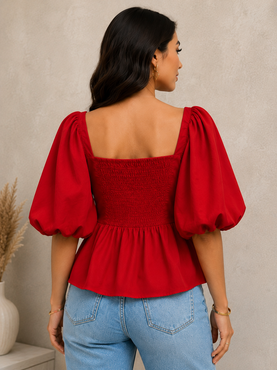 Ruby Red Puff-Sleeve Peplum Top
