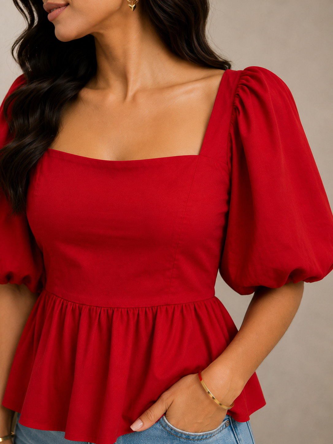 Ruby Red Puff-Sleeve Peplum Top