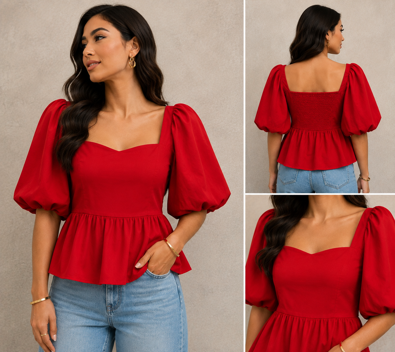 Ruby Red Puff-Sleeve Peplum Top