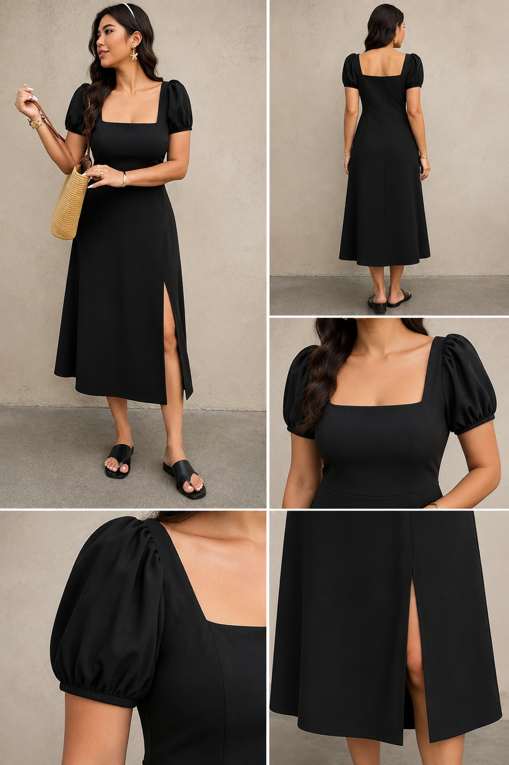 Black Square Neck Midi Dress