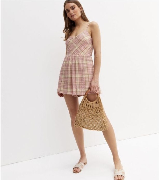 Pink Check Lace-Up Back Playsuit