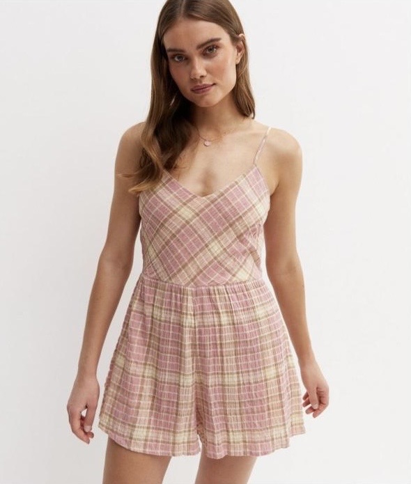 Pink Check Lace-Up Back Playsuit